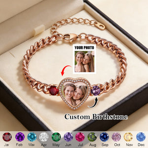 Personalized Heart Photo Birthstone Bracelet - Gift For Mom/Her