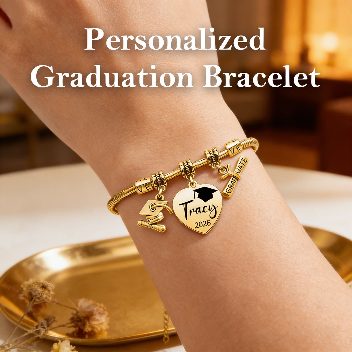 Personalized Graduation Bracelet – Custom Name & Year Grad Cap Charm Bracelet