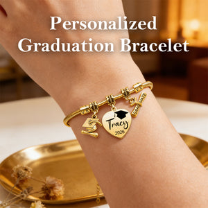 Personalized Graduation Bracelet – Custom Name & Year Grad Cap Charm Bracelet