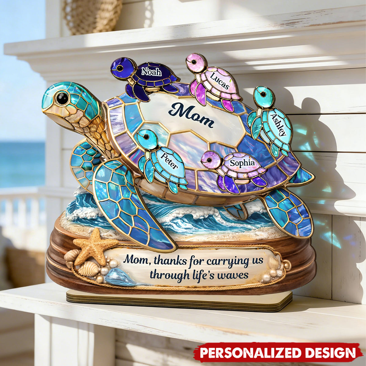 Thanks for Carrying us Through Life's Waves - Personalized Mom Sea Turtle Wooden Plaque