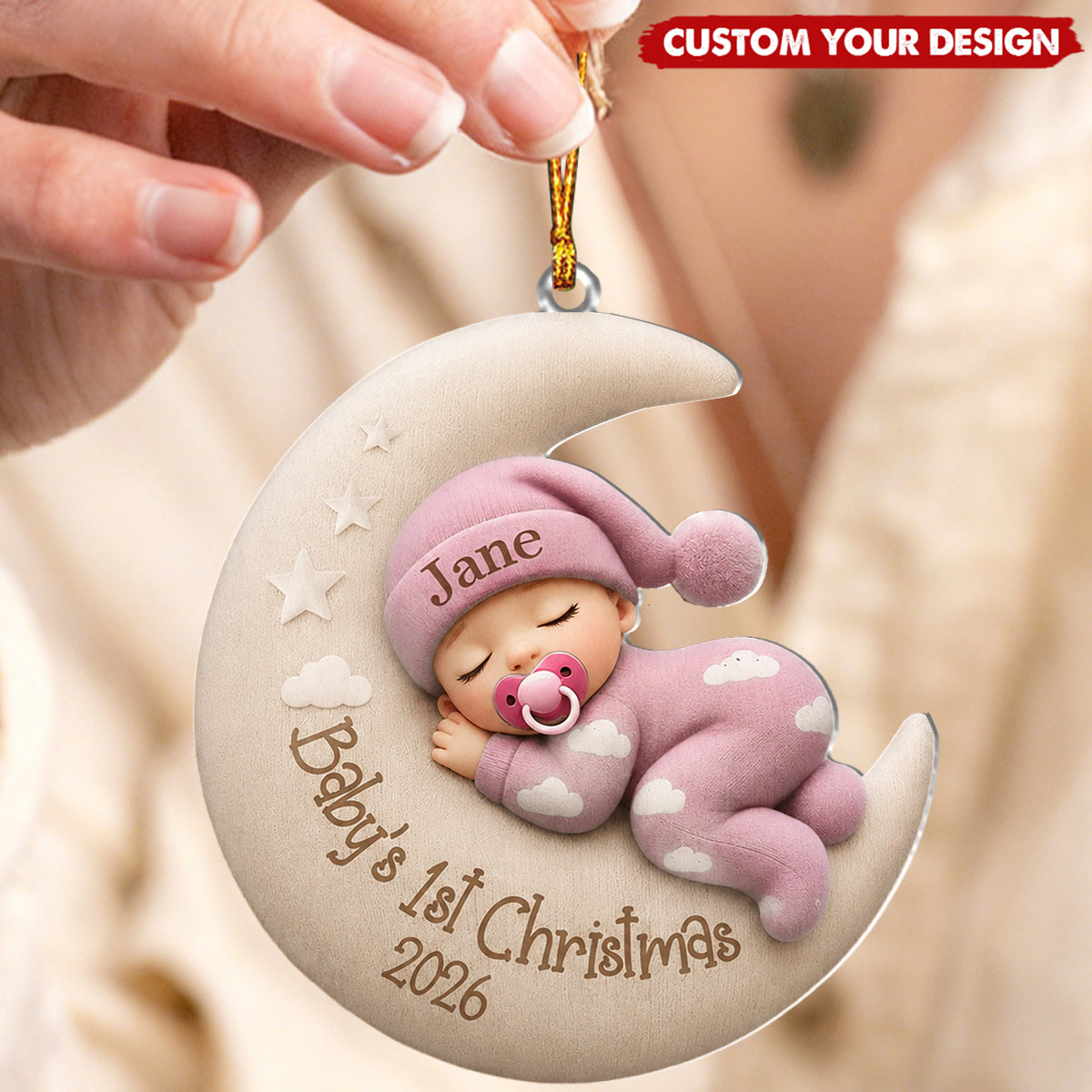 Personalized Sleeping Baby on Moon Keepsake - Baby's First Christmas Ornament