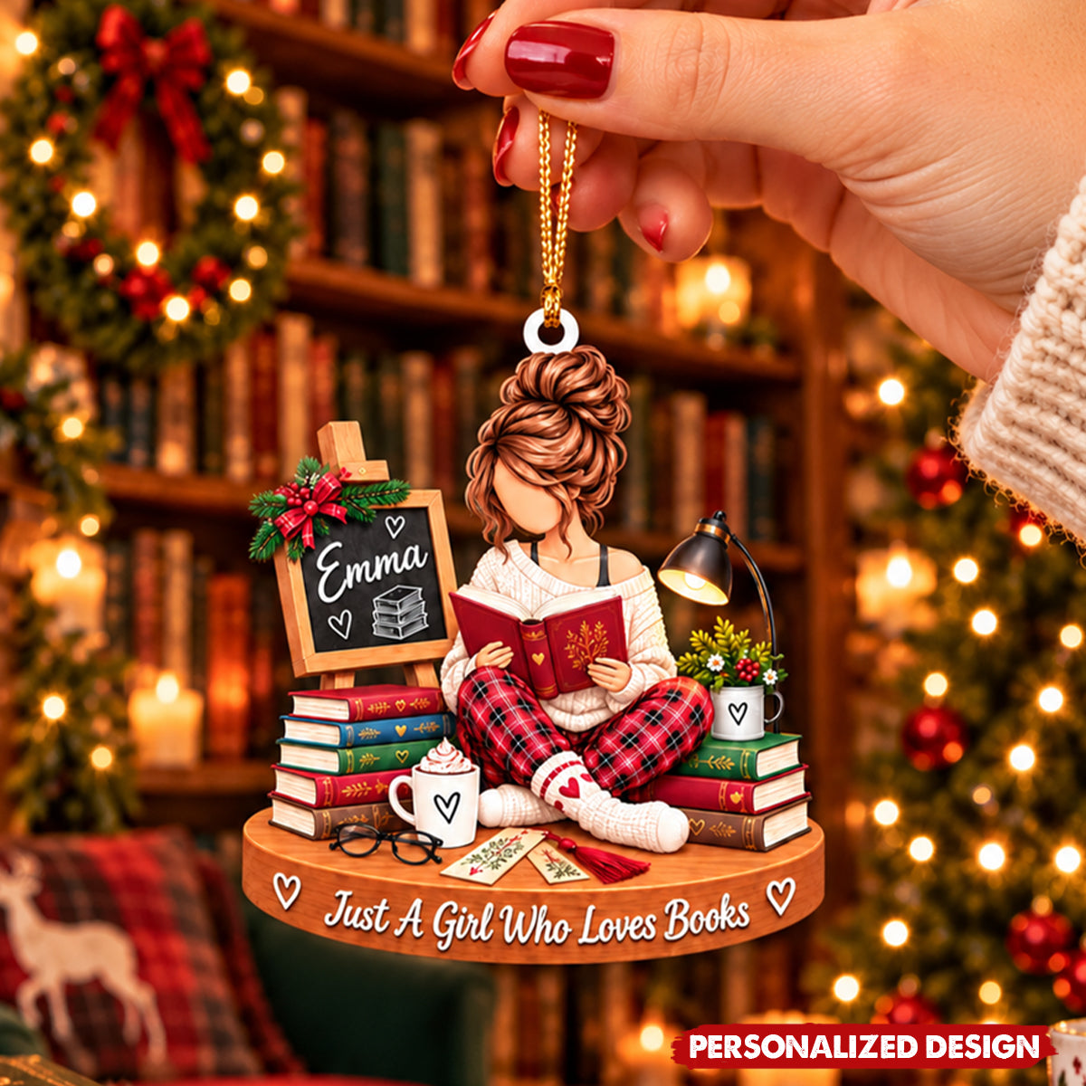 Bookworm Girl Custom Acrylic Hanging Ornament - Book Lover Christmas Tree Decoration