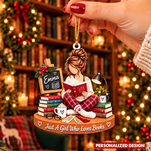 Bookworm Girl Custom Acrylic Hanging Ornament - Book Lover Christmas Tree Decoration