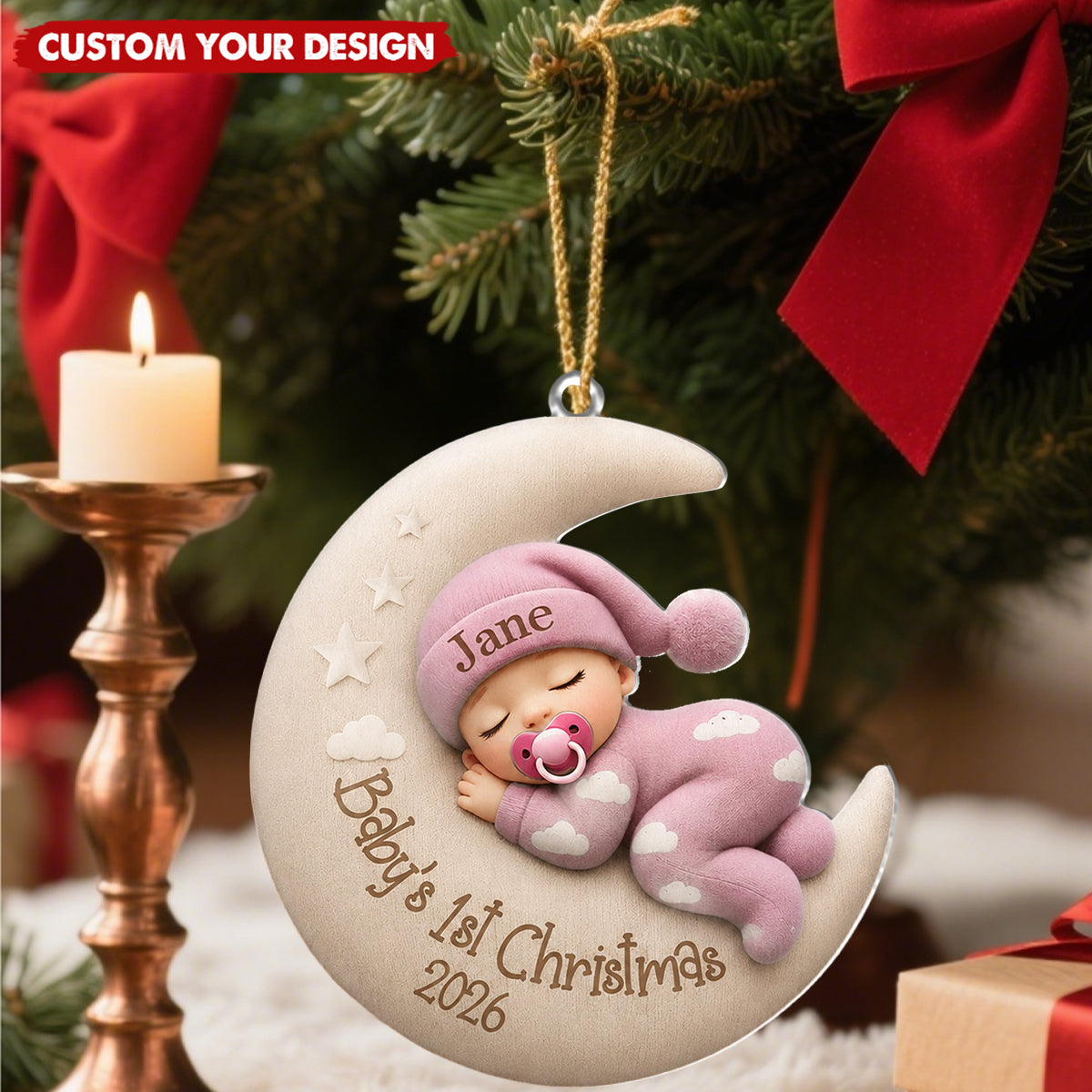 Personalized Sleeping Baby on Moon Keepsake - Baby's First Christmas Ornament