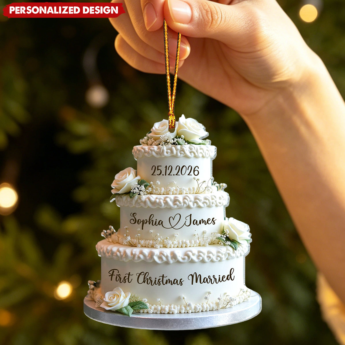 Personalized Couple Names & Wedding Date First Christmas Married Cake Acrylic Ornament