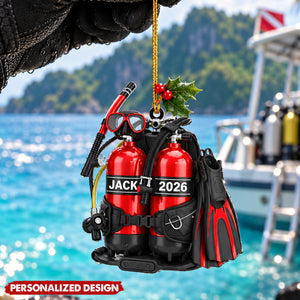 Personalized Scuba Diving Gear Acrylic Christmas Ornament - Custom Name & Year Diver Ornament