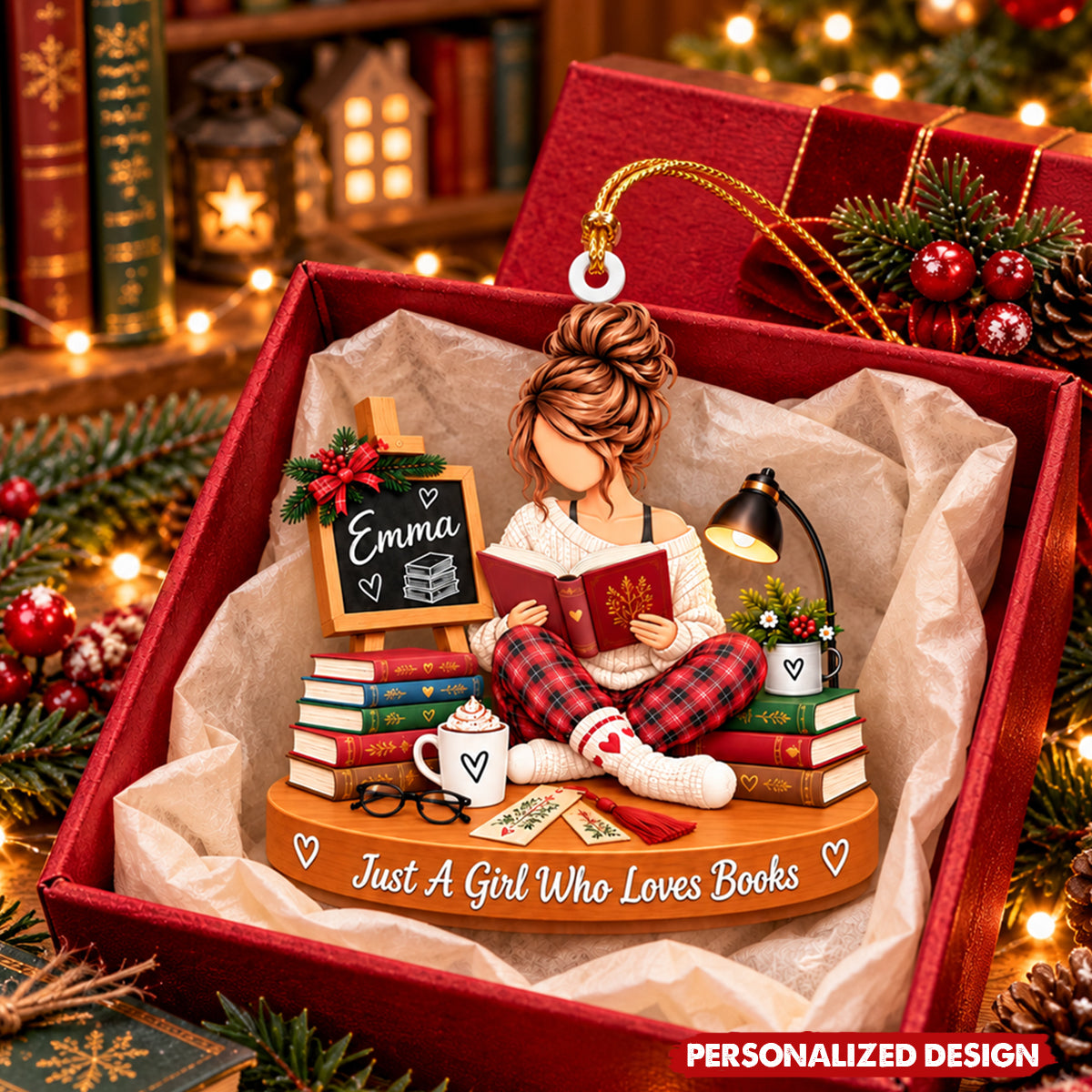 Bookworm Girl Custom Acrylic Hanging Ornament - Book Lover Christmas Tree Decoration
