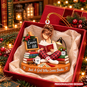 Bookworm Girl Custom Acrylic Hanging Ornament - Book Lover Christmas Tree Decoration