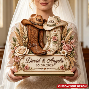 Personalized Mr & Mrs Cowboy Boot Wooden Table Sign - Custom Couple Name Western Wedding Plaque