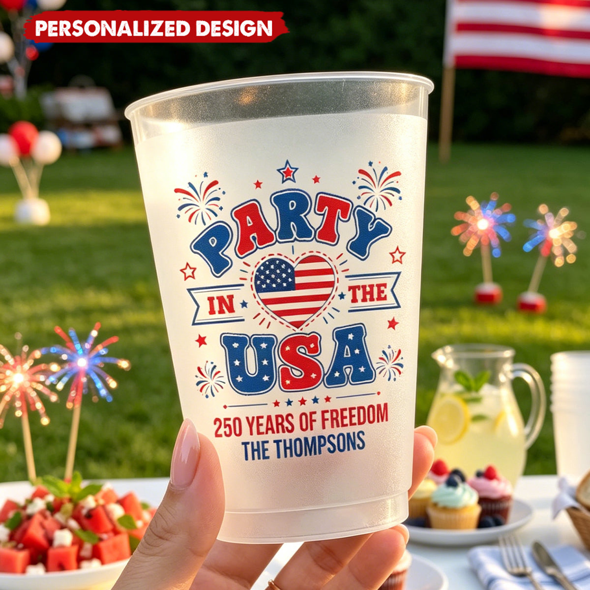 Personalized America 250 Years of Freedom Patriotic Frosted Plastic Cups - Custom Family Name