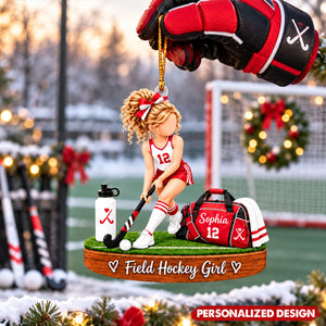 Personalized Field Hockey Girl Acrylic Christmas Ornament - Custom Name & Number Field Hockey Gift