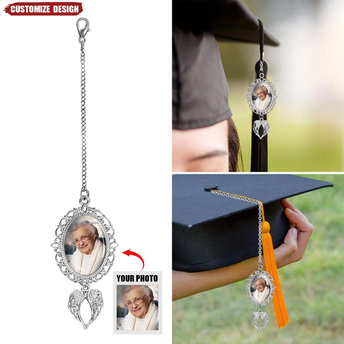 Memorial Personalized Graduation Tassel Photo Charm With Angel Wings