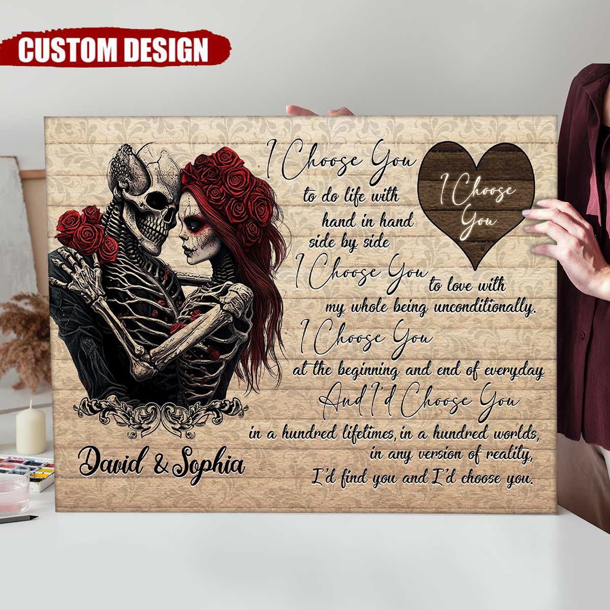 I Choose You - Personalized Sugar Skull Rose Couple Poster, Anniversary Gift For Couple