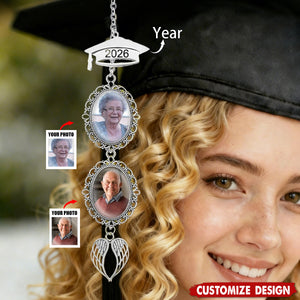 Custom Graduation Cap Tassel Photo Charm – Personalized Year & Memorial Photo Tassel with Grad Cap & Angel Wings