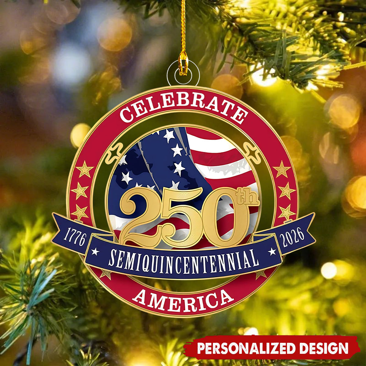 1776-2026 America 250th Semiquincentennial Flag Ornament - Custom Name