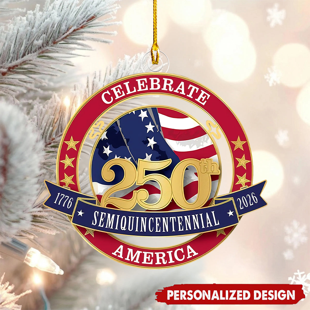 1776-2026 America 250th Semiquincentennial Flag Ornament - Custom Name
