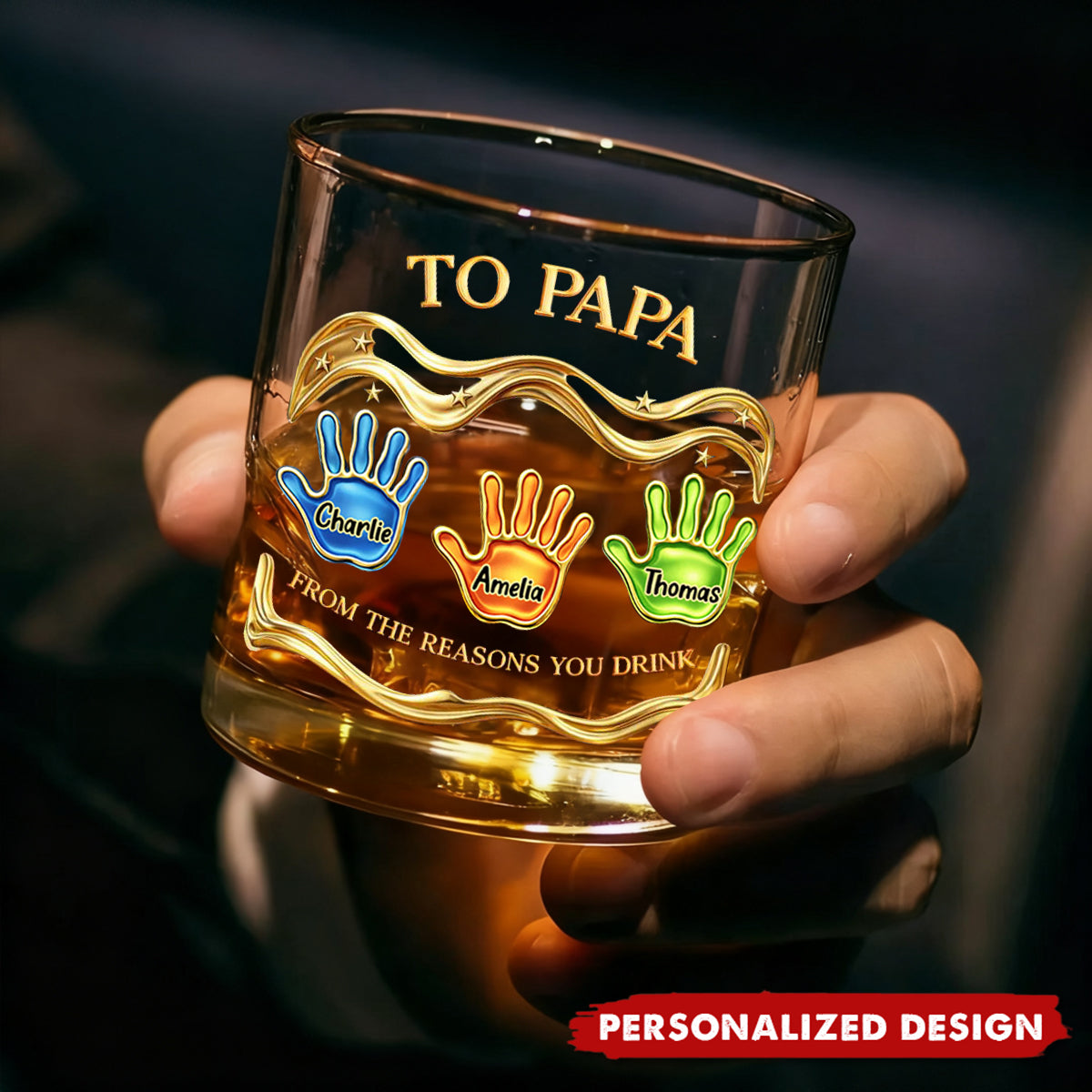 Personalized “To Papa” Whiskey Glass with Kids Handprints & Names - Father’s Day Gift
