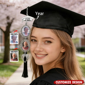 Custom Graduation Cap Tassel Photo Charm – Personalized Year & Memorial Photo Tassel with Grad Cap & Angel Wings