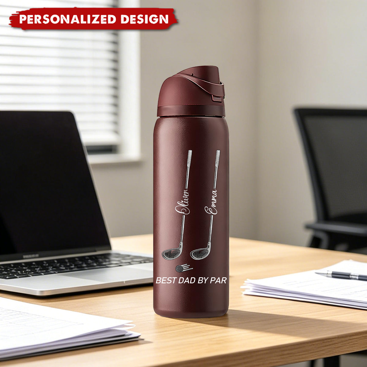Funny Golf Dad Water Bottle  -Custom Names Father’s Day Gift