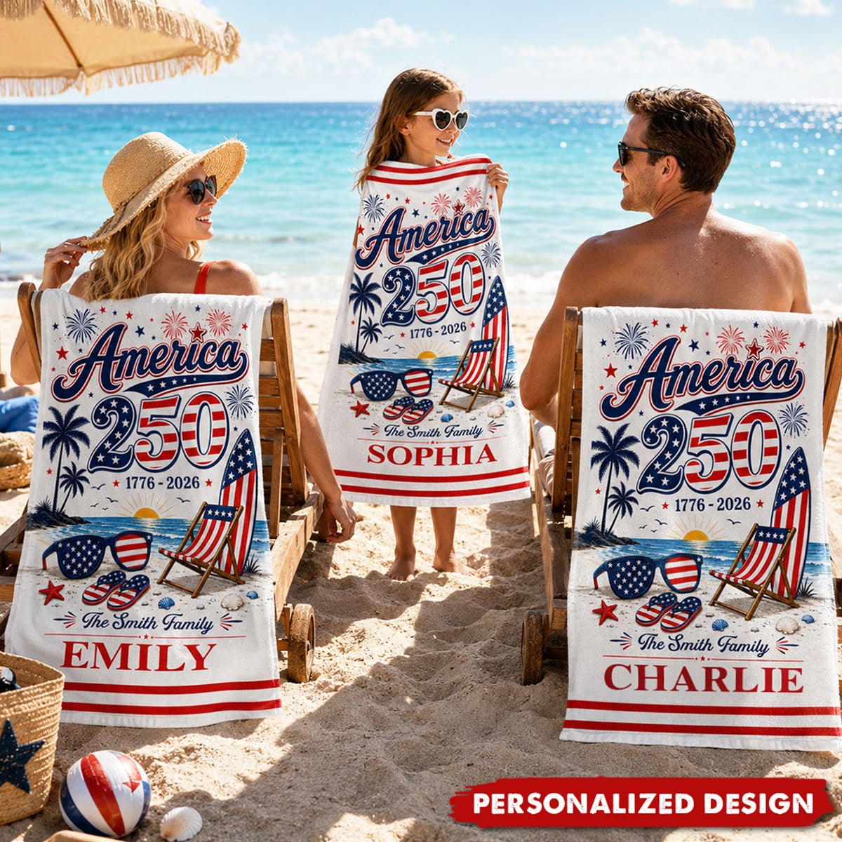 Personalized America 250th Anniversary Beach Towel - Custom Name