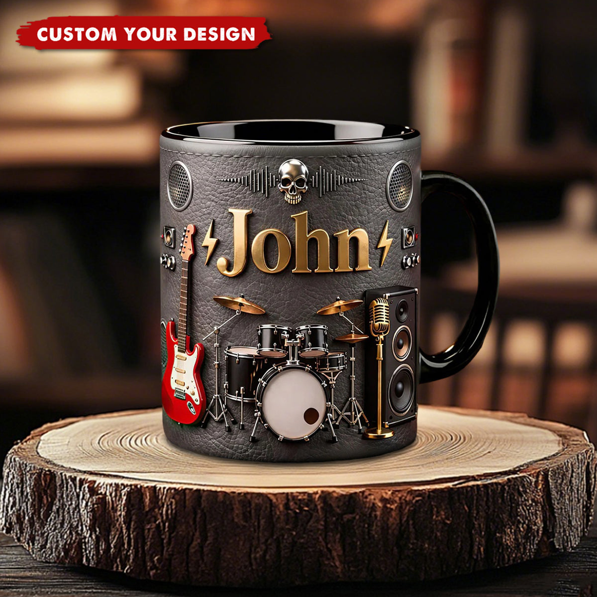 Personalized Rock Music Mug with Name, Guitar Drum Coffee Cup