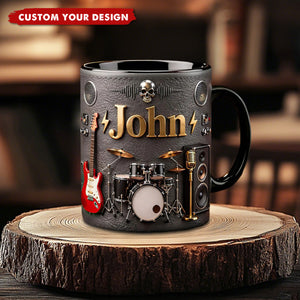 Personalized Rock Music Mug with Name, Guitar Drum Coffee Cup