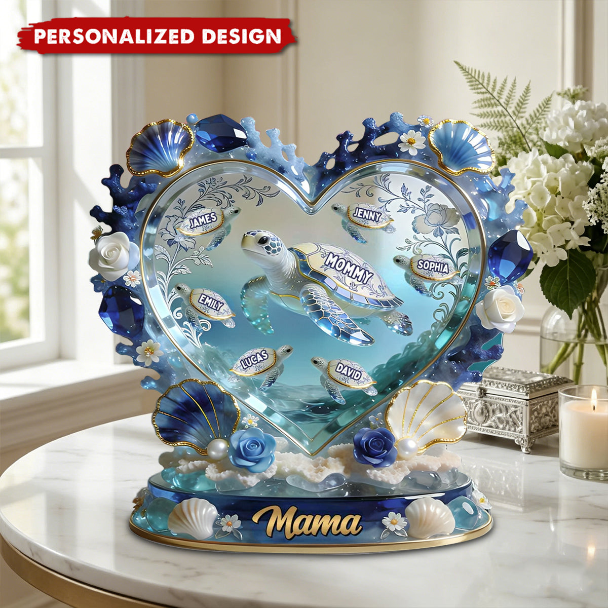 Ocean-Inspired Custom Sea Turtle Family Names Plaque – Gift for Mom, Grandma & Family