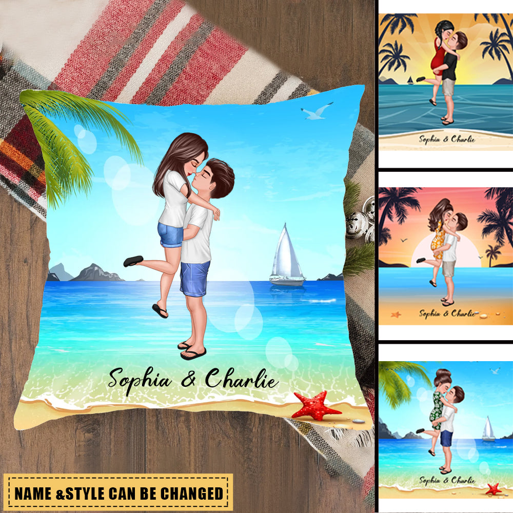 Summer Doll Couple Kissing Hugging On The Beach Personalized Pillow