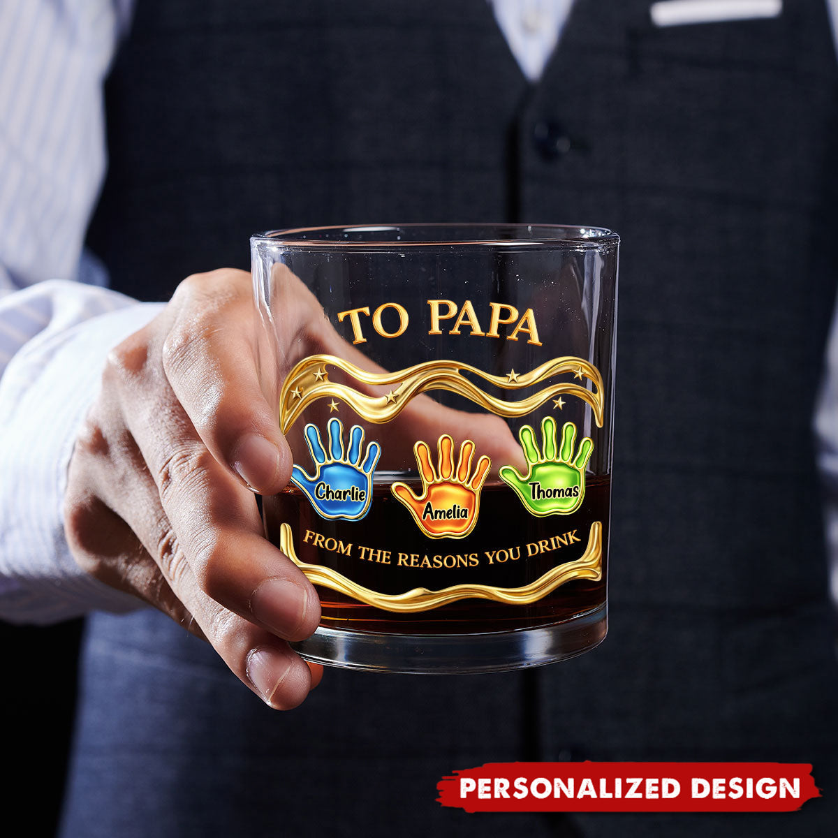 Personalized “To Papa” Whiskey Glass with Kids Handprints & Names - Father’s Day Gift