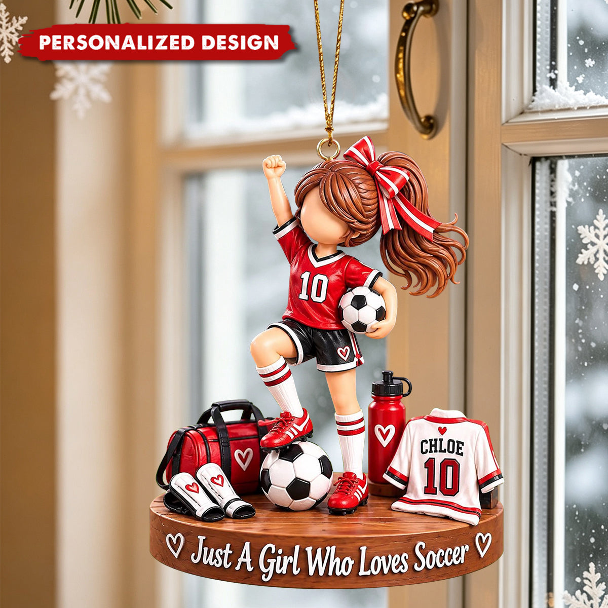 Personalized Red Soccer Girl Acrylic Christmas Ornament - Custom Name Football Player Keepsake Ornament