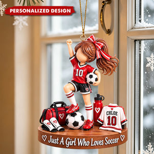 Personalized Red Soccer Girl Acrylic Christmas Ornament - Custom Name Football Player Keepsake Ornament