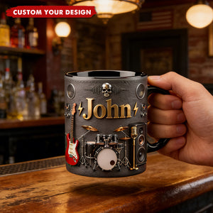 Personalized Rock Music Mug with Name, Guitar Drum Coffee Cup