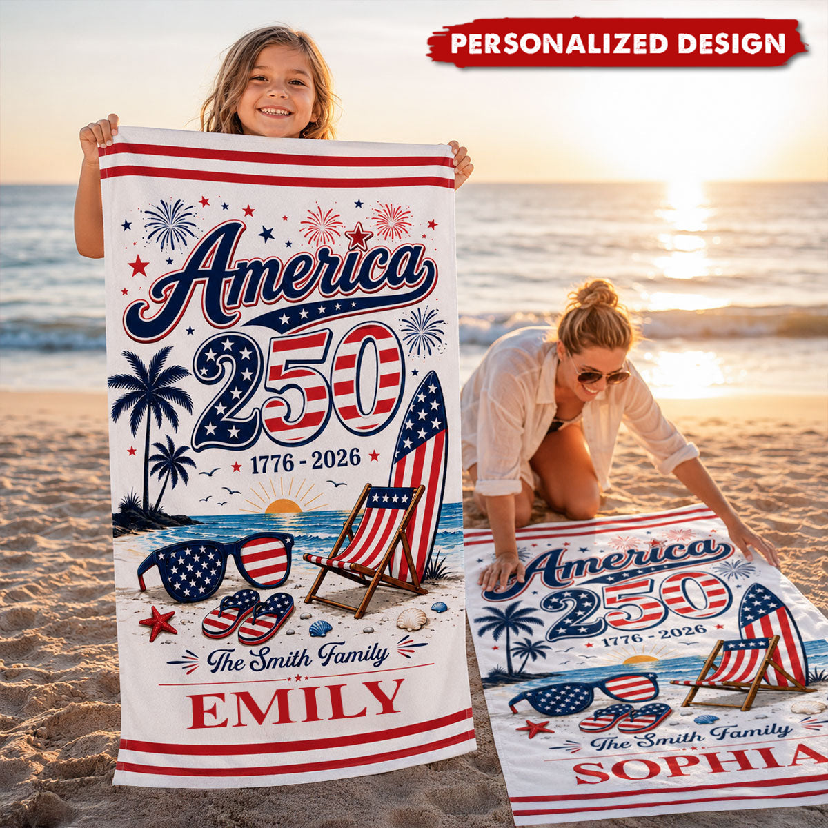Personalized America 250th Anniversary Beach Towel - Custom Name