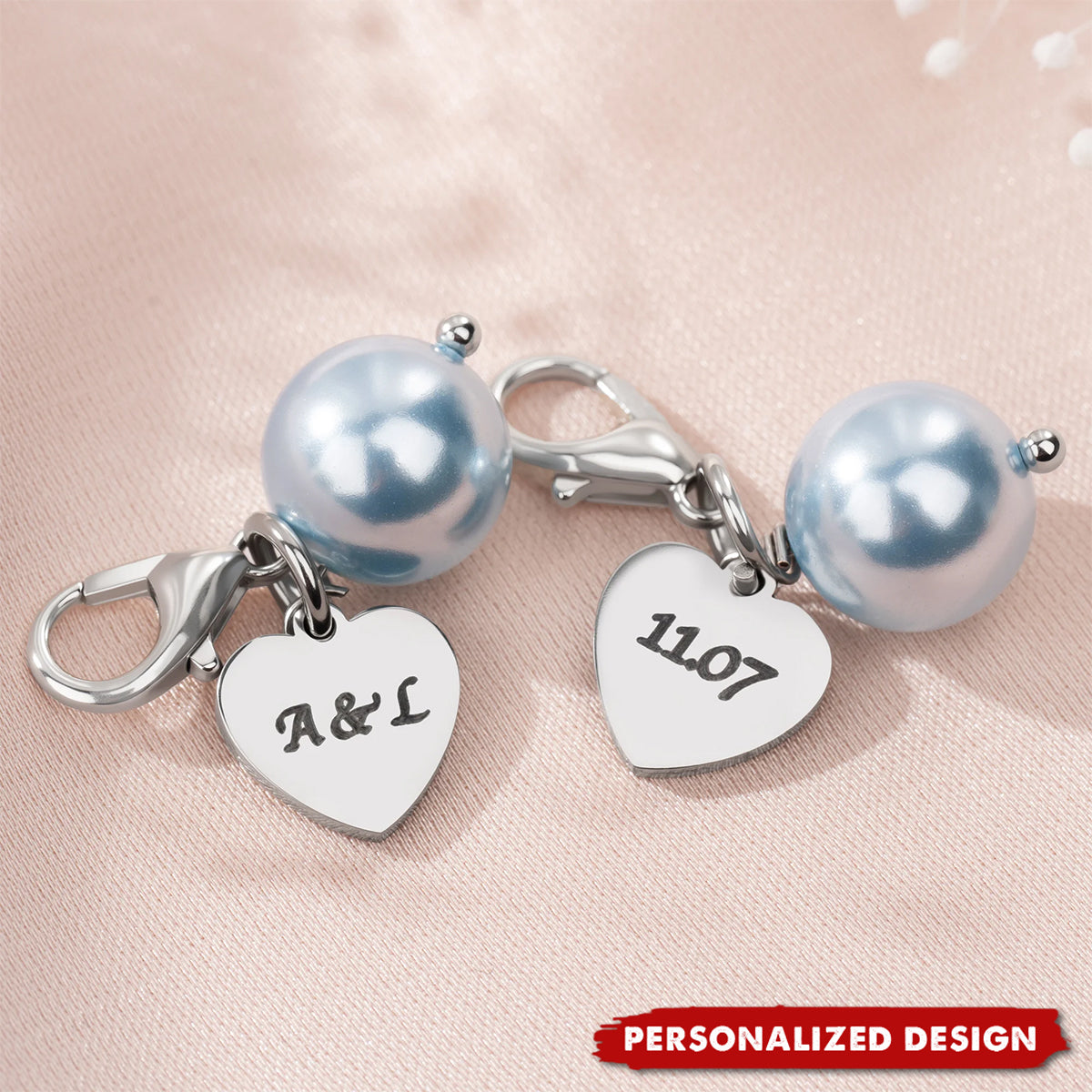 Personalized Blue Pearl Heart Charm Bouquet Clip - Perfect Wedding Gift