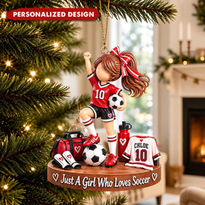 Personalized Red Soccer Girl Acrylic Christmas Ornament - Custom Name Football Player Keepsake Ornament