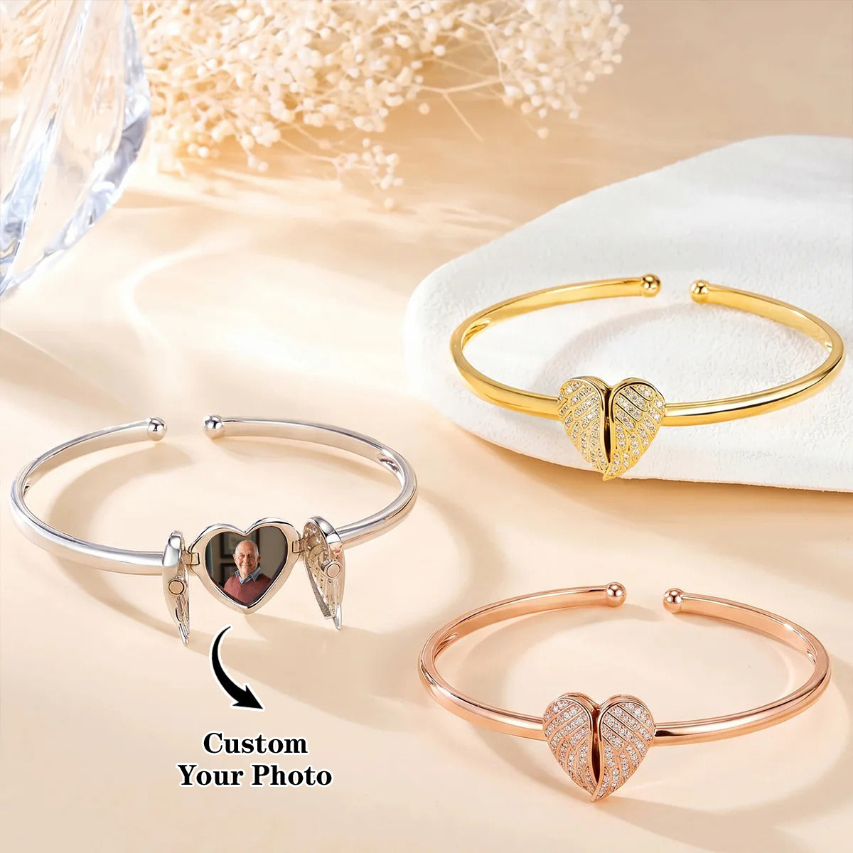 Personalized Angel Wings And Heart Bracelet, Memorial Gift-Upload Photo
