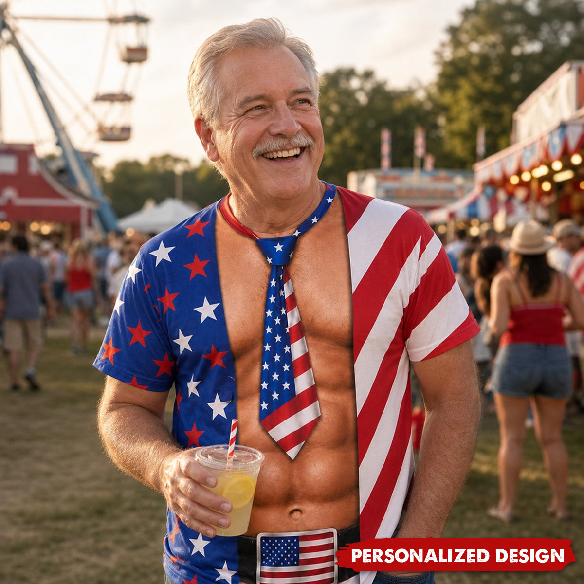 Personalized Optical Illusion Men’s Open Flag Shirt Tie Belt & Women’s Bikini Print Patriotic T-Shirt
