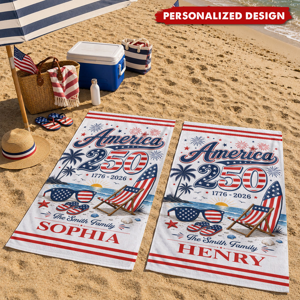 Personalized America 250th Anniversary Beach Towel - Custom Name