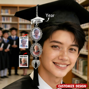Custom Graduation Cap Tassel Photo Charm – Personalized Year & Memorial Photo Tassel with Grad Cap & Angel Wings