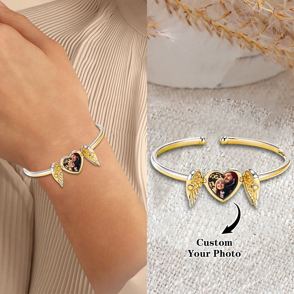 Personalized Angel Wings And Heart Bracelet, Memorial Gift-Upload Photo