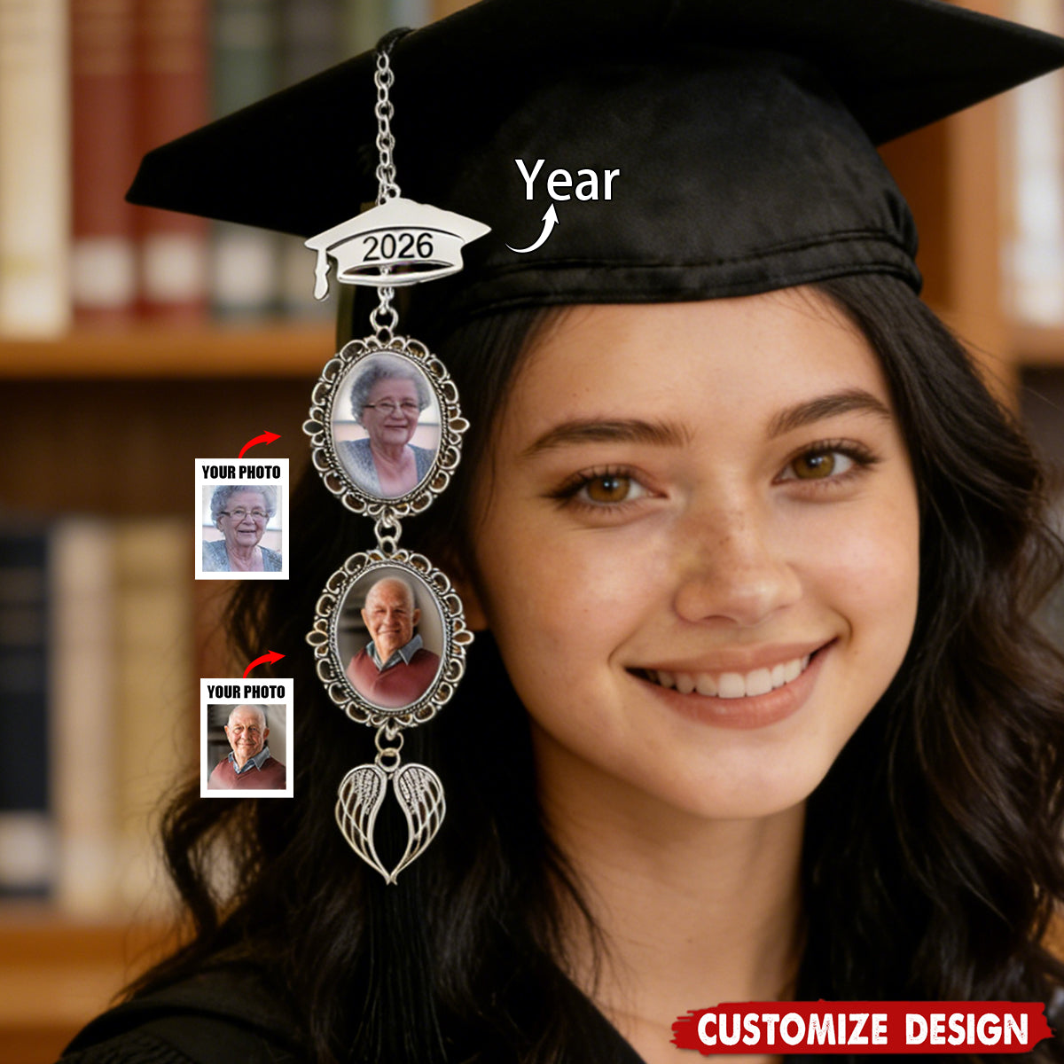 Custom Graduation Cap Tassel Photo Charm – Personalized Year & Memorial Photo Tassel with Grad Cap & Angel Wings