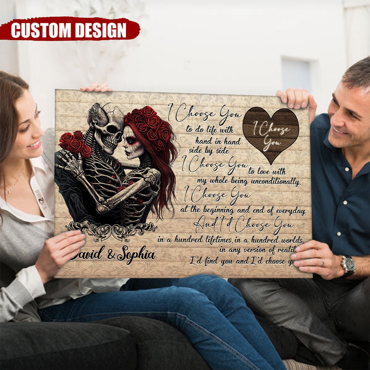 I Choose You - Personalized Sugar Skull Rose Couple Poster, Anniversary Gift For Couple