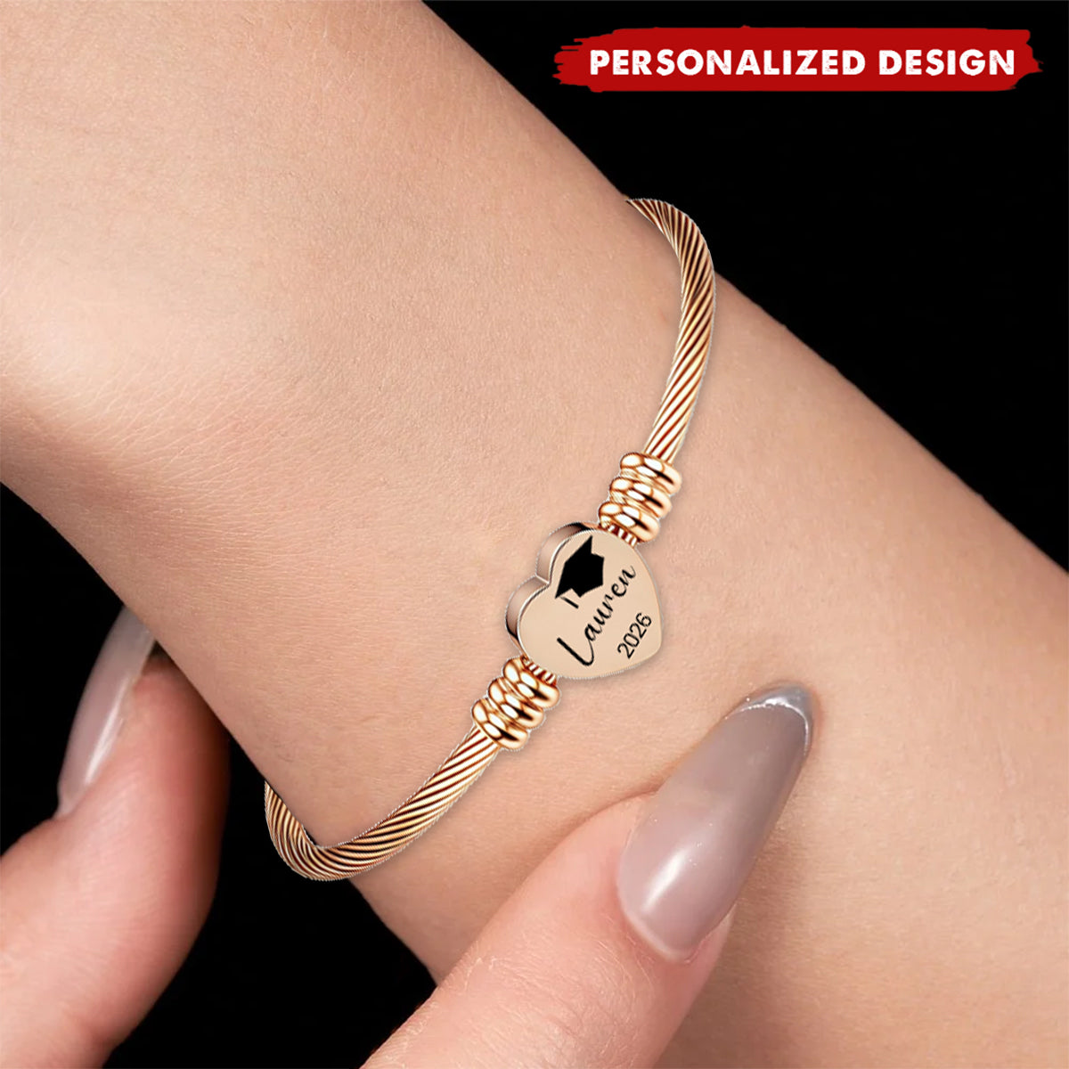 Personalized Graduation Heart Bracelet — Custom Name & Year Gift for Her