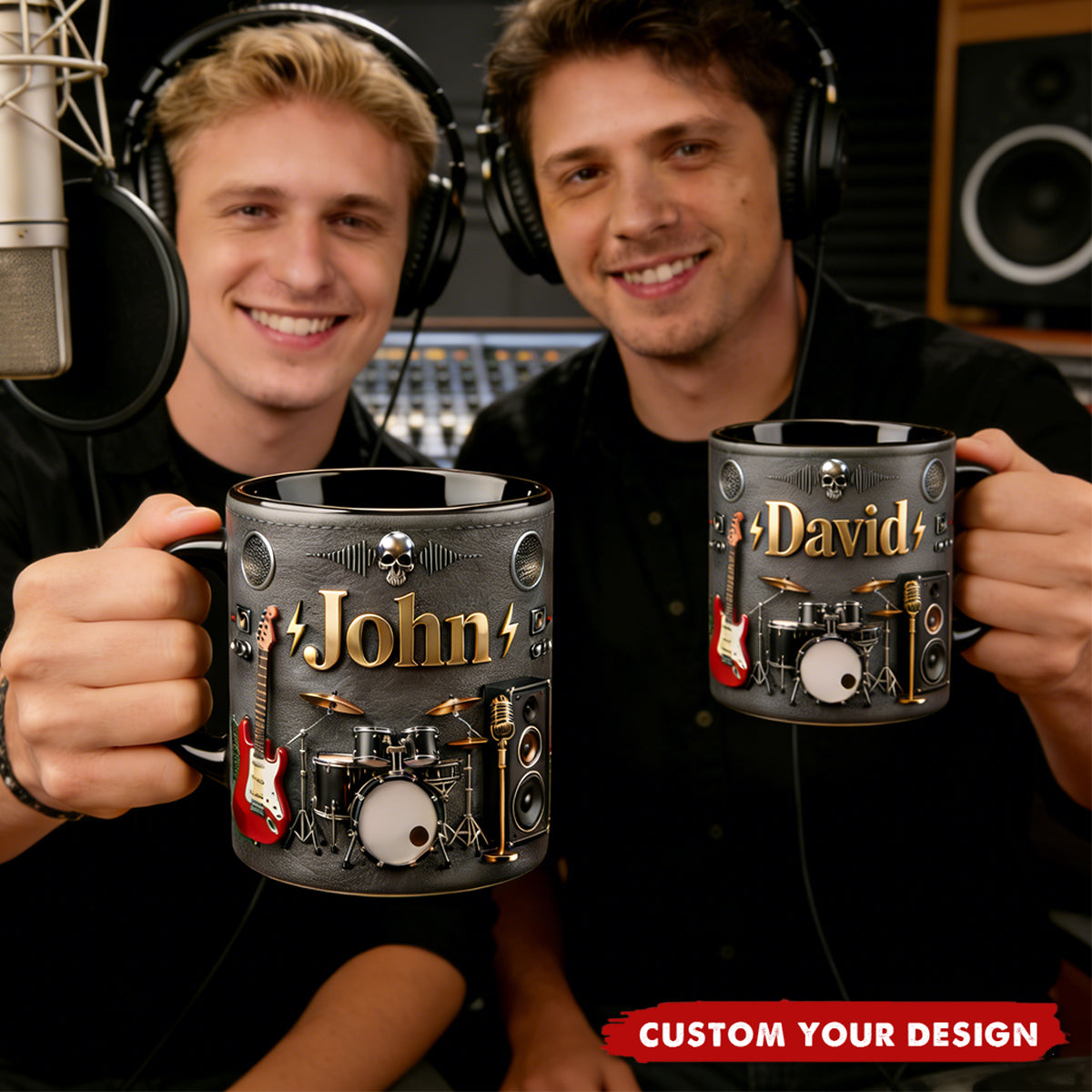 Personalized Rock Music Mug with Name, Guitar Drum Coffee Cup