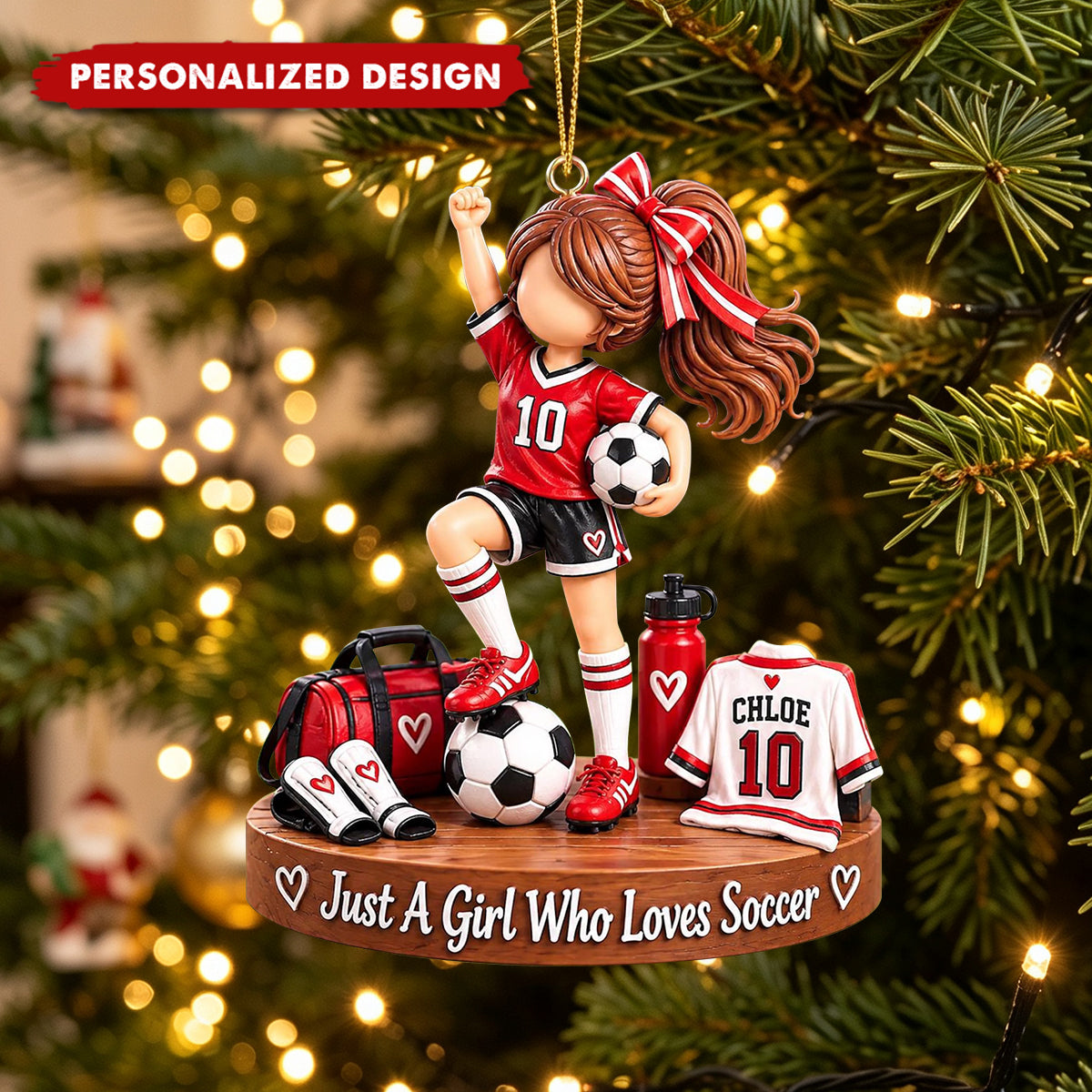 Personalized Red Soccer Girl Acrylic Christmas Ornament - Custom Name Football Player Keepsake Ornament