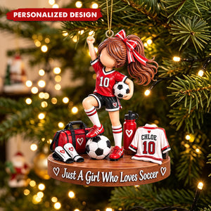 Personalized Red Soccer Girl Acrylic Christmas Ornament - Custom Name Football Player Keepsake Ornament