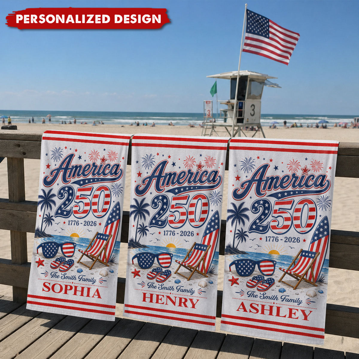 Personalized America 250th Anniversary Beach Towel - Custom Name