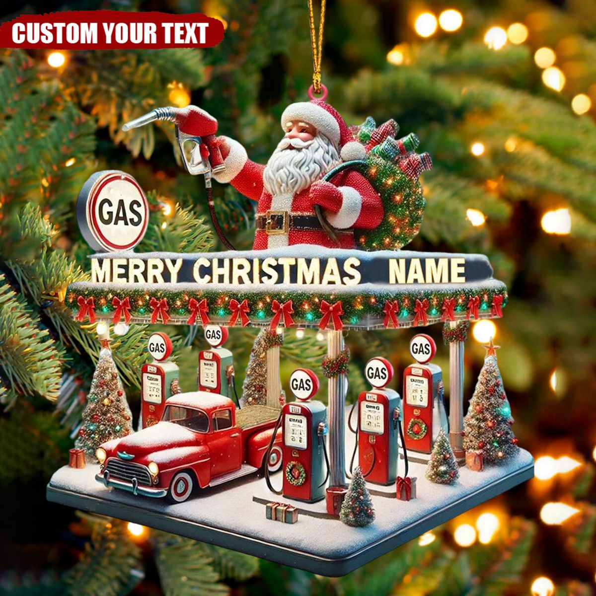 Personalized Gas Station Santa Christmas Ornament - Gift For Auto Enthusiasts - 2024 New Release
