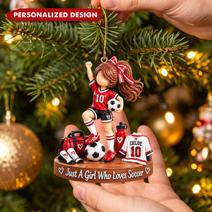 Personalized Red Soccer Girl Acrylic Christmas Ornament - Custom Name Football Player Keepsake Ornament