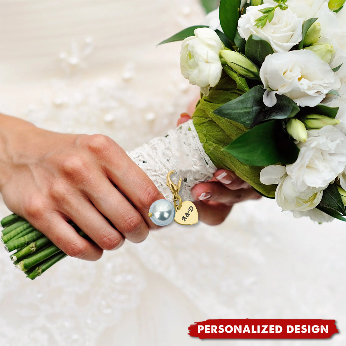 Personalized Blue Pearl Heart Charm Bouquet Clip - Perfect Wedding Gift